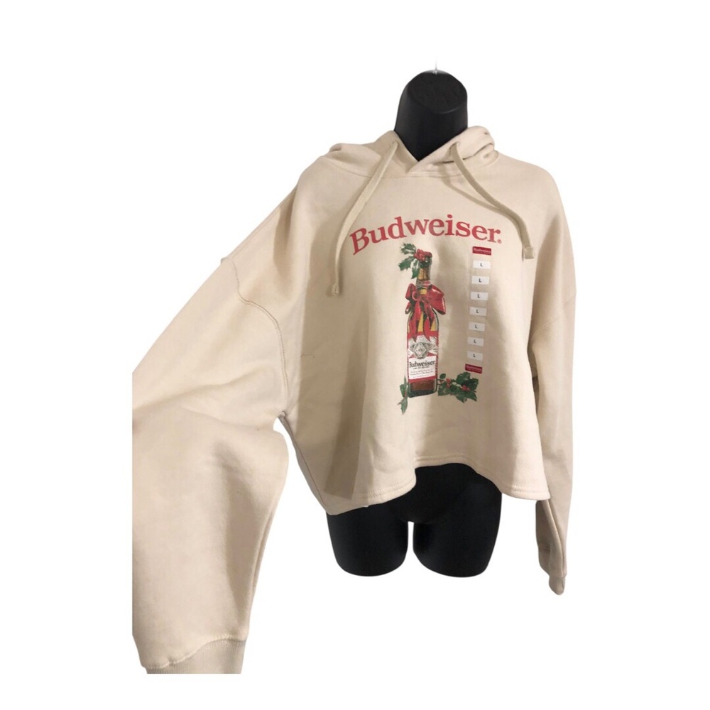 Budweiser cream graphic print red bow celebratpry bottle hoodie size large new